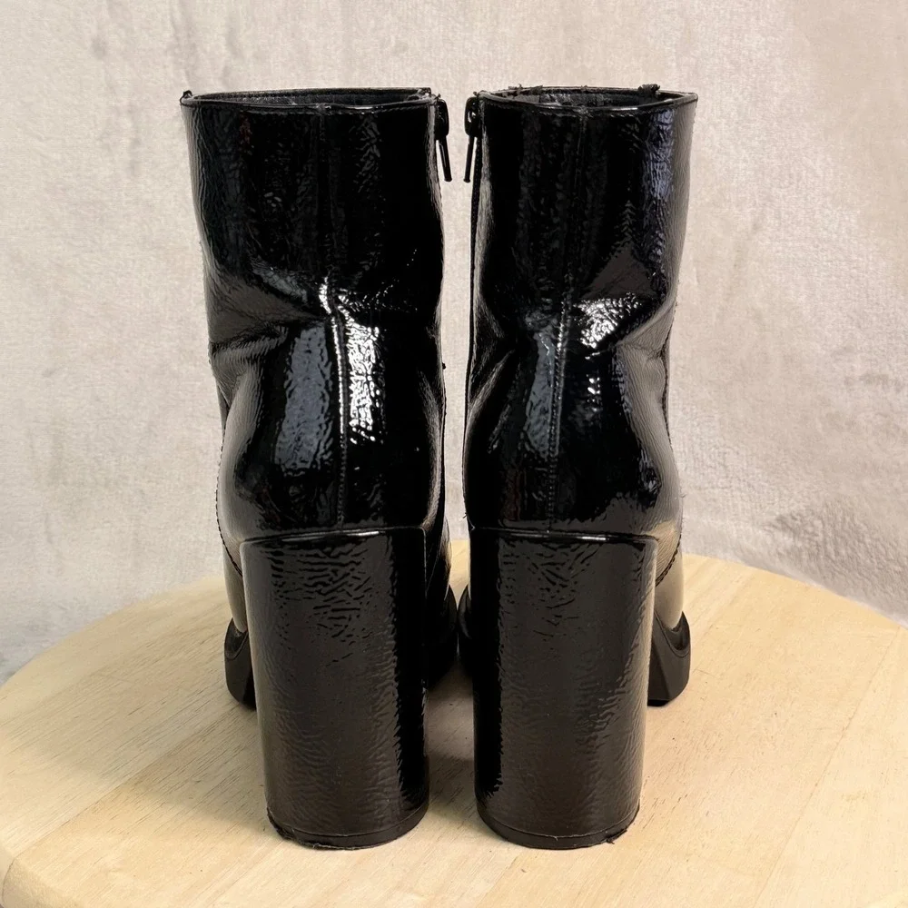 Steve Madden Vintage Black Patent Platform Ankle Boots Block‎ Heel Lug Sole 10M